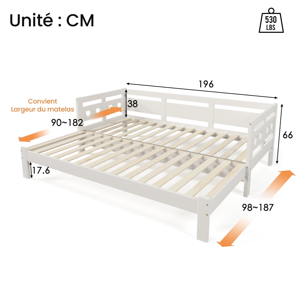 Letto estraibile 90 × 190 cm con secondo letto, struttura a cuore, senza materasso, legno bianco