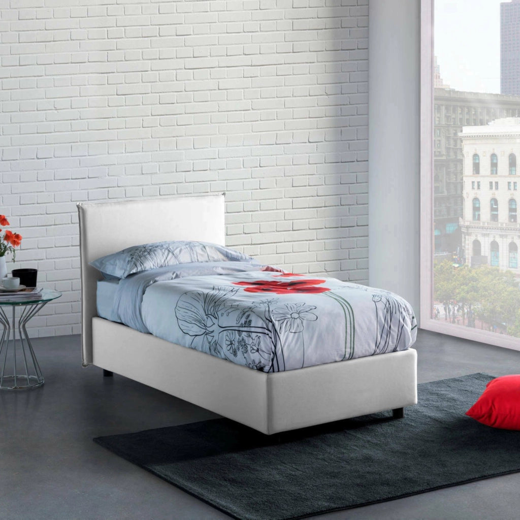 Letto singolo Aquilla, Letto contenitore con rivestimento in tessuto, Made in Italy, Apertura frontale, con materasso cm 80x190 incluso, Bianco