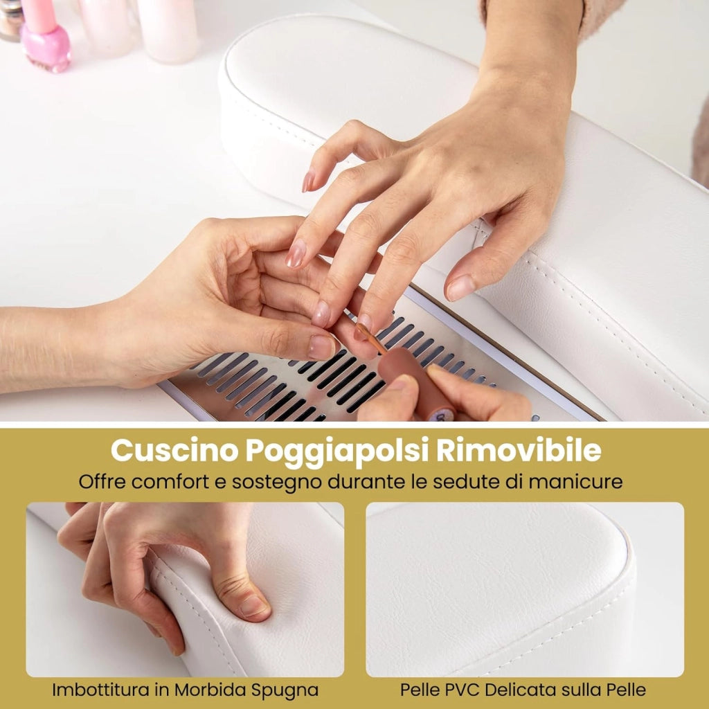 COSTWAY Tavolo Manicure con Aspirapolvere, Tavolo Unghie con Cassetti, Spina, 3 Sacchetti, Armadietto, Cuscino Poggia Polso e 8 Ruote blocabili, Banco Ricostruzione Unghie in Legno (Bianco)