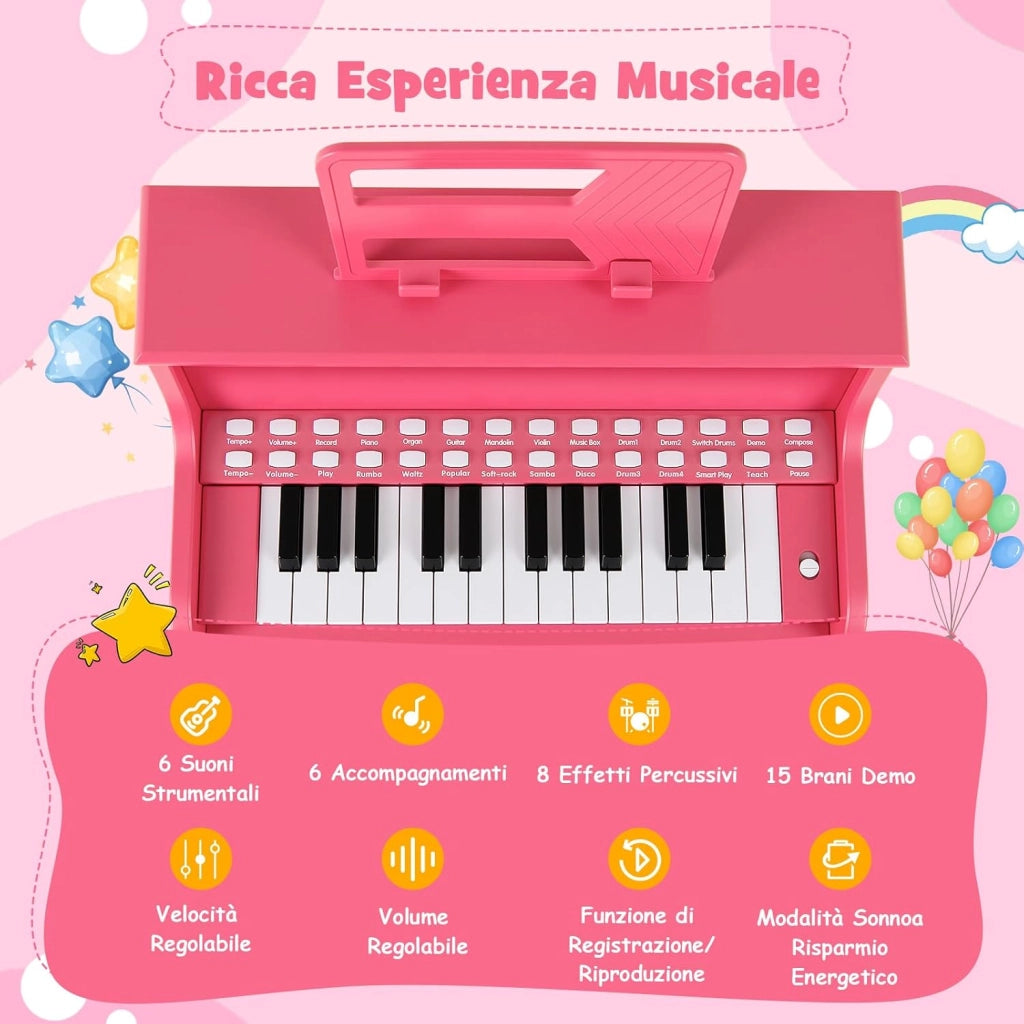 Pianoforte Digitale Bambini a 25 Tasti con Luci, Pianola Elettrica con 6 Toni, 15 Demo e 8 Percussioni, Set Tastiera Musicale con Sgabello e Leggio Rimovibile, per Bambini 3+ Anni (Rosa)