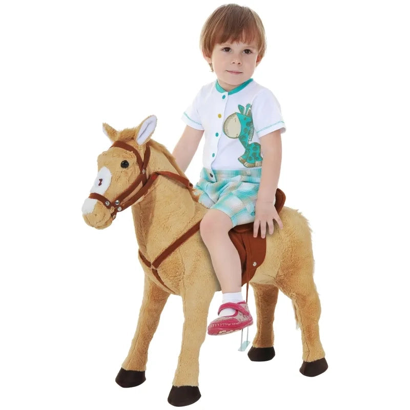 Cavallo a dondolo in peluche beige con suono, 85x28x60 cm, ideale per bambini