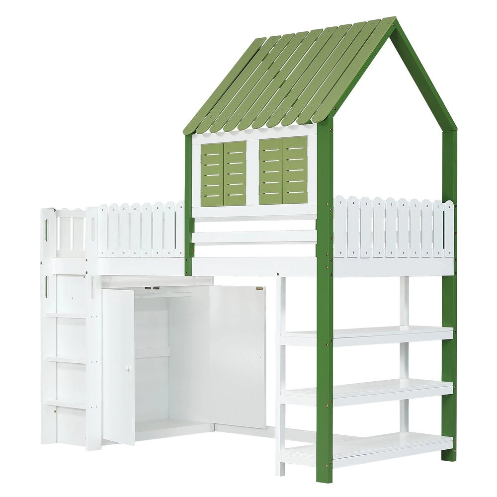 Letto a Soppalco per Bambini con Armadio, Rete a Doghe e Scala ¨C MINIMAL ¨C Pino/MDF, Bianco e Verde, 90x200