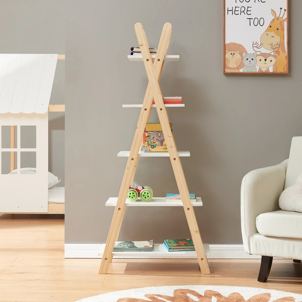 Scaffale a Scala per Cameretta Vanlilu Libreria Bassa per Bambini 145x65x32 cm Naturale / Bianco [en.casa]