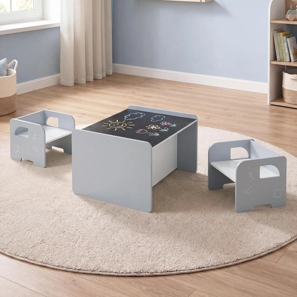 Set Tavolo e 2 Sedie per Bambini, Tavolo e Sedie Salvaspazio per Bambini 3+ Anni con Lavagna per Disegnare e Piedini Antiscivolo, per Camerette, Soggiorno e Studio (Grigio)