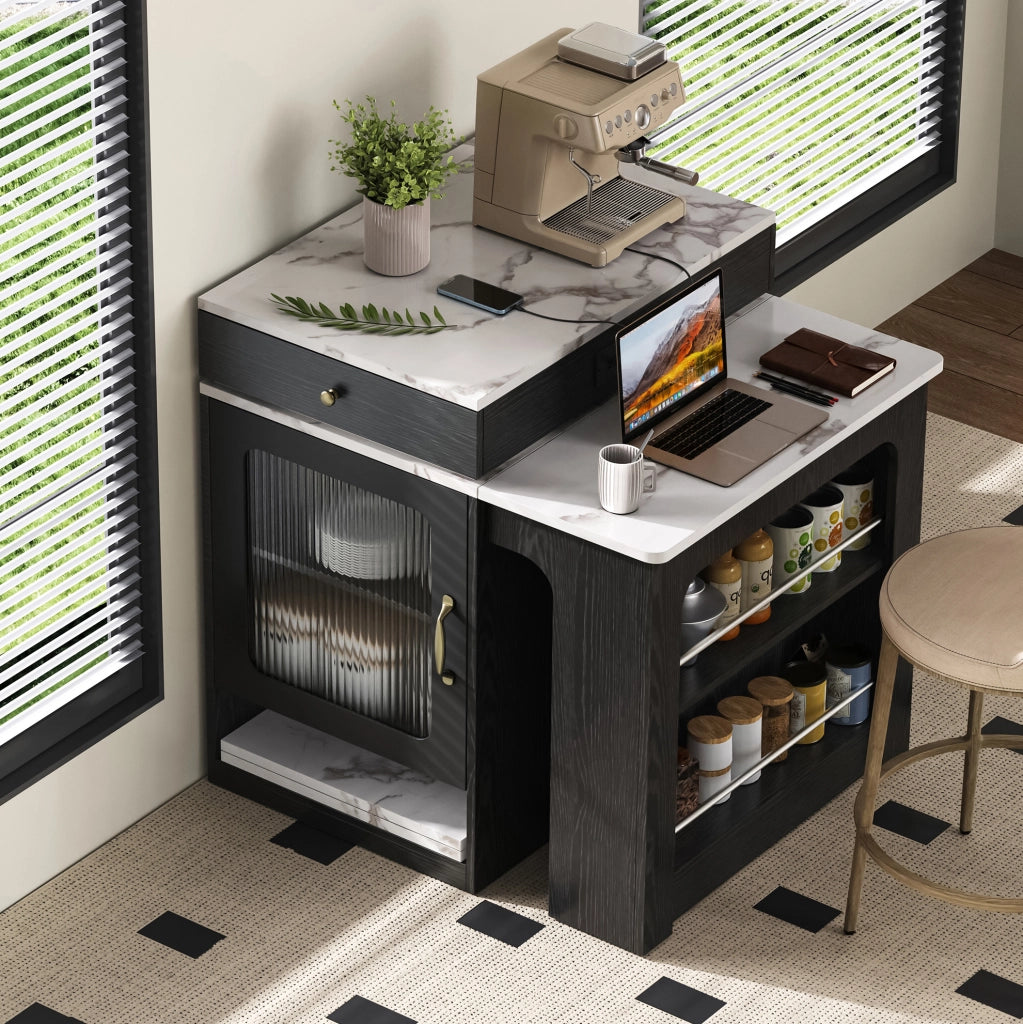 Tavolo allungabile 80x71~111~151x92 cm con prese integrate; MDF e vetro bianco e nero