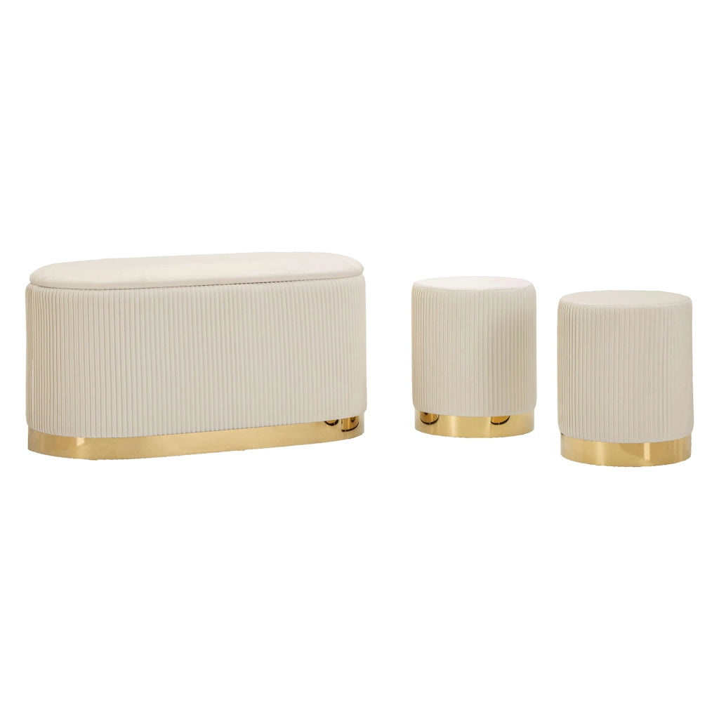 Soroti, Panca con due Sgabelli, Panca Contenitore, 80x37x42h cm Bianco Crema
