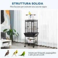 Gabbia per Pappagallini con 2 Posatoi e Scala ad Arco, in Acciaio, 62.5x62.5x156 cm, Grigia