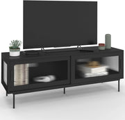 Mobile TV ZINEB 140 cm, 2 ante scorrevoli in vetro, frontale nero scanalato