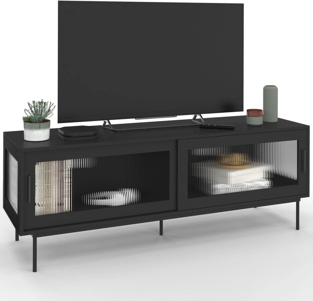 Mobile TV ZINEB 140 cm, 2 ante scorrevoli in vetro, frontale nero scanalato
