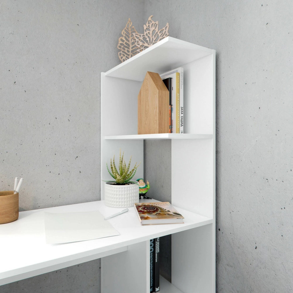 Scrivania Abba, Scrittoio lineare con libreria, Tavolo ufficio multiuso salvaspazio, 110x50h136 cm, Bianco
