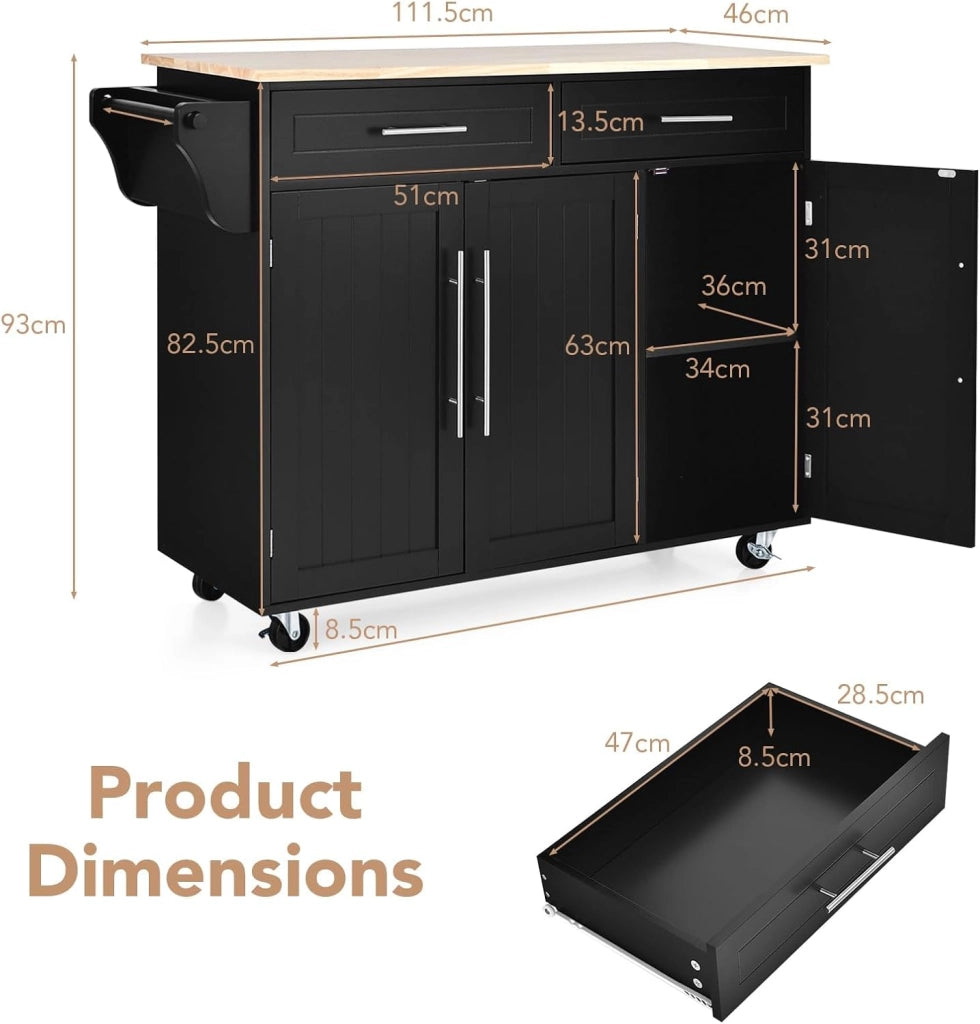 Carrello Portaoggetti con Ruote con 2 Freni, Isola Cucina in Rovere Massiccio, Mobiletto da Pranzo con Portaspezie e Portasciugamani, per Soggiorno, 111,5 x 46 x 93 cm, In 2 Pacchi (Nero)