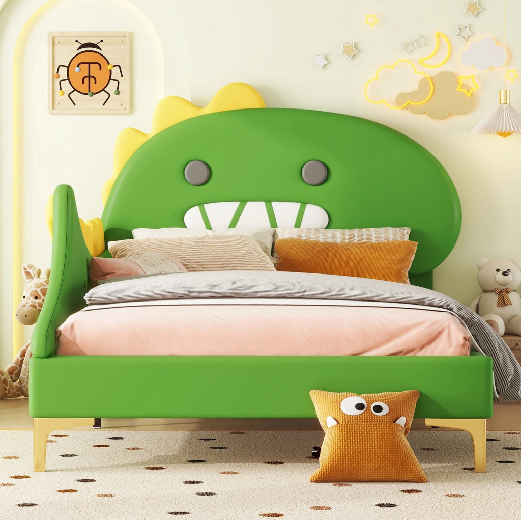 Letto per bambini 90x200 cm; design dinosauro; PU e MDF; verde