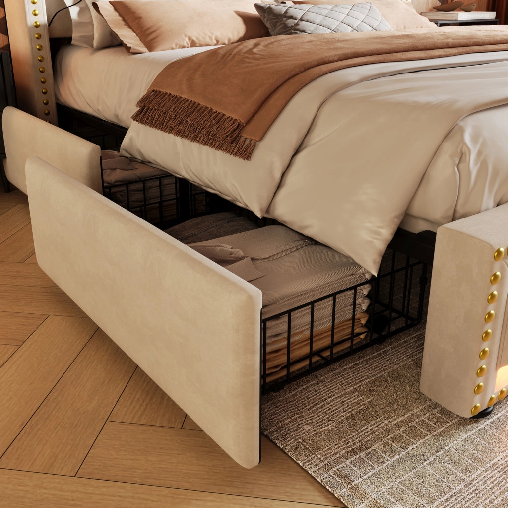 Letto matrimoniale 160x200 cm in velluto beige con LED; porte USB e Type-C; 4 cassetti