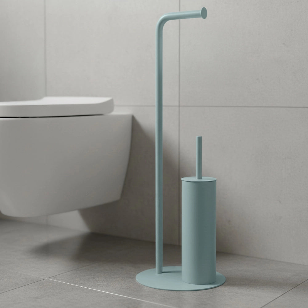 Piantana portarotolo e portascopino in acciaio verde acqua – Taki