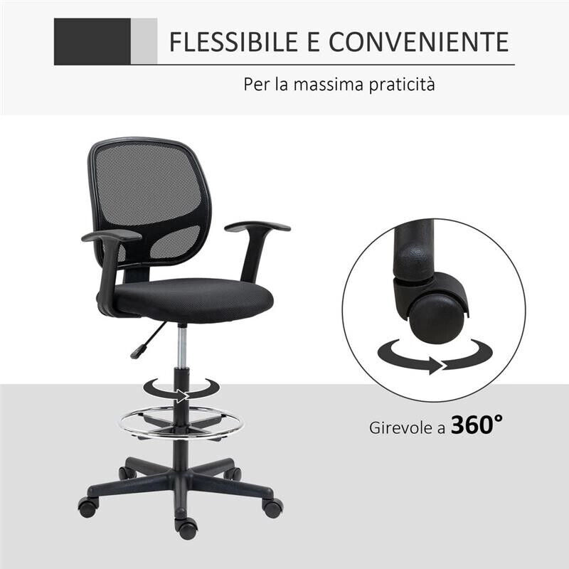 SEDIA DA UFFICIO AD ALTEZZA REGOLABILE CON BRACCIOLI ROTELLE E SEDUTA IMBOTTITA, 60X56X110-132 CM  NERA