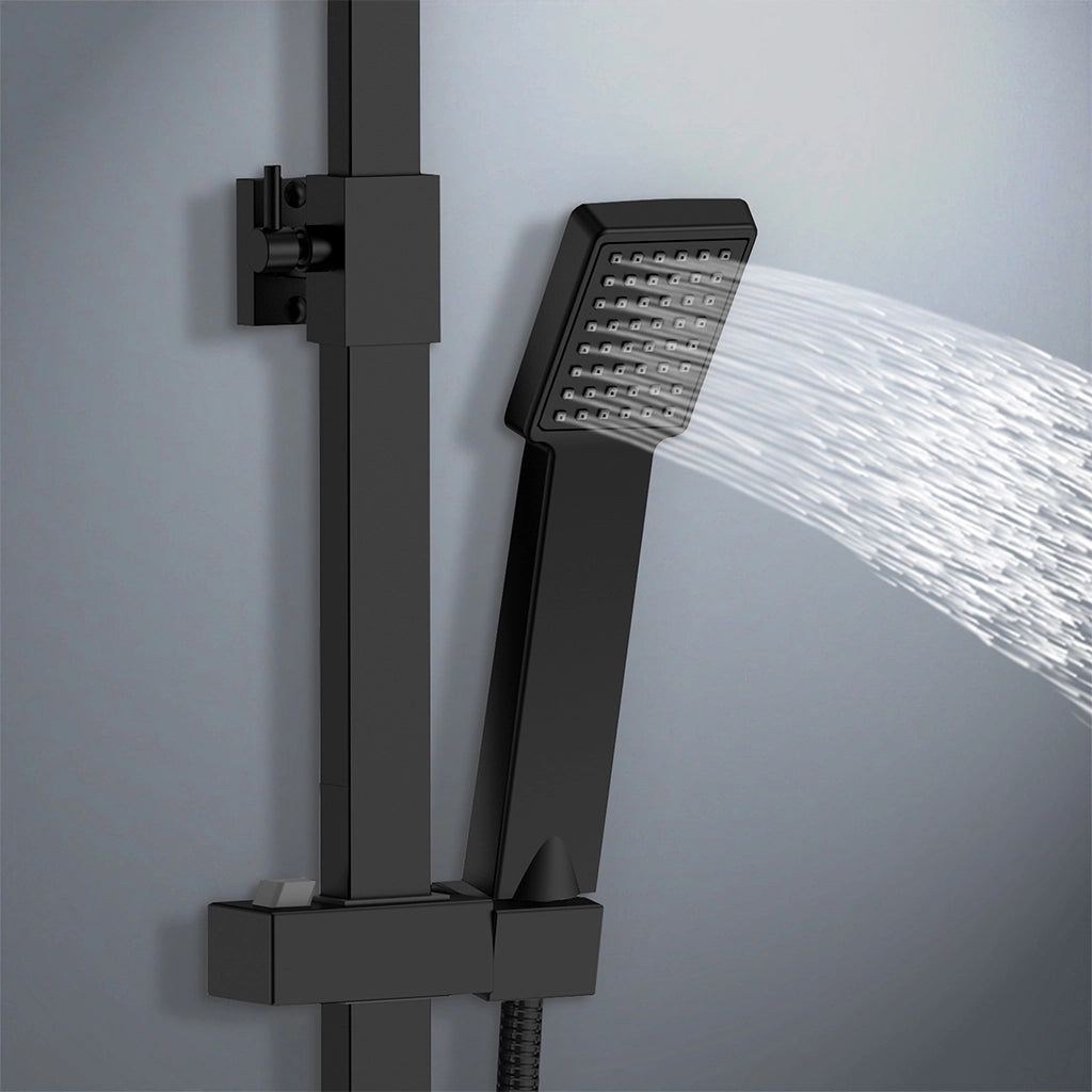 colonna doccia quadrata completo di miscelatore termostatico rettangolo, soffione quadrato 20x20cm, nero