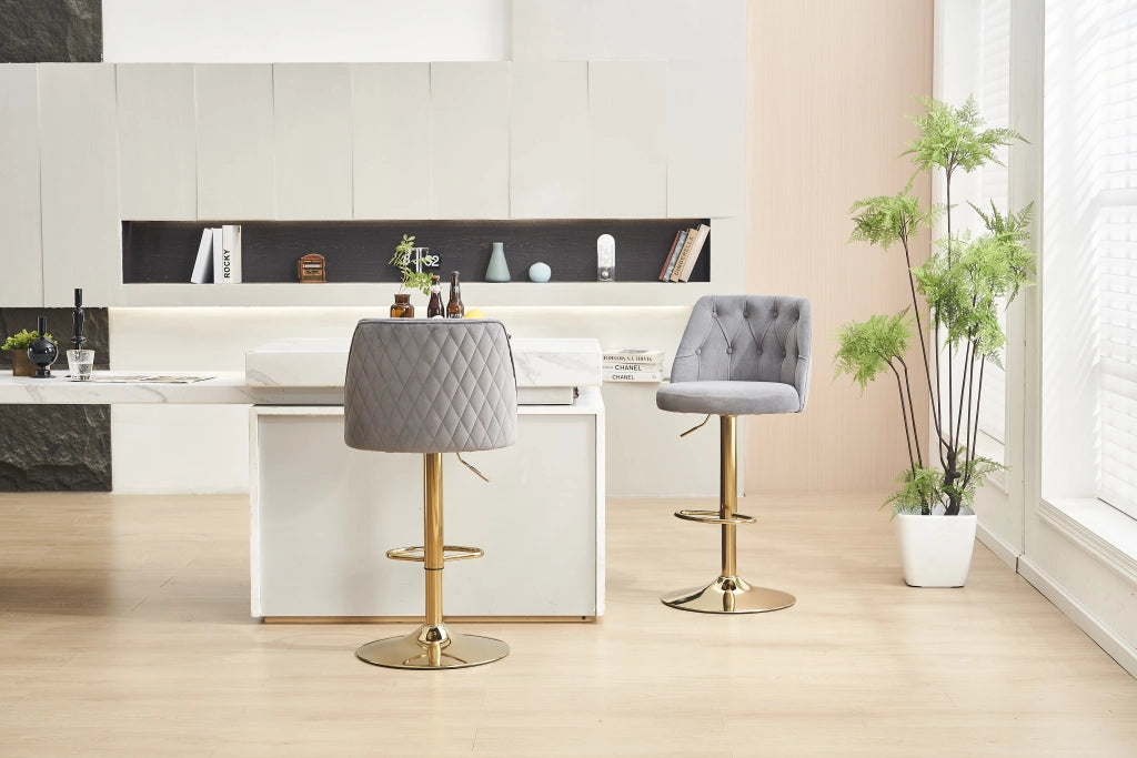 Sgabello da Bar Girevole ¨C MINIMAL ¨C Velluto Grigio, Schienale, Poggiapiedi, Altezza Regolabile, Set 2 Pezzi