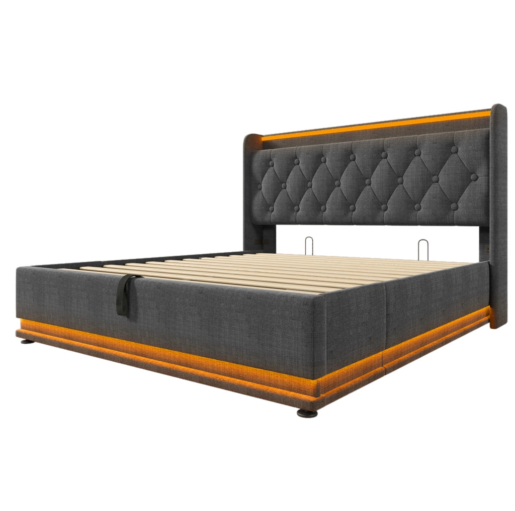 Letto matrimoniale 140x200 cm in lino grigio con LED; USB e contenitore idraulico