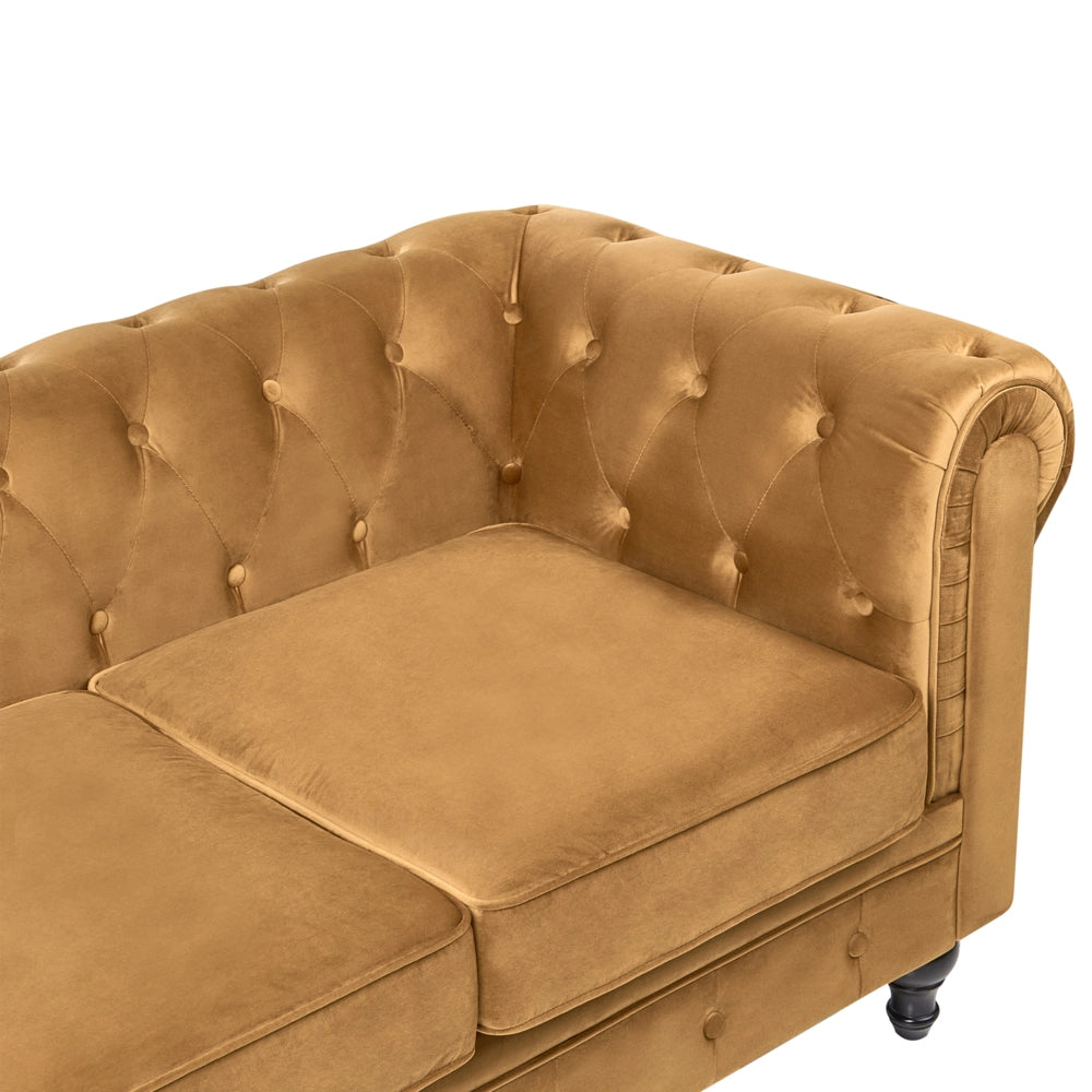 Divano Chesterfield Tessuto Velluto Dorato Rivestimento Gambe Nere 3 Posti