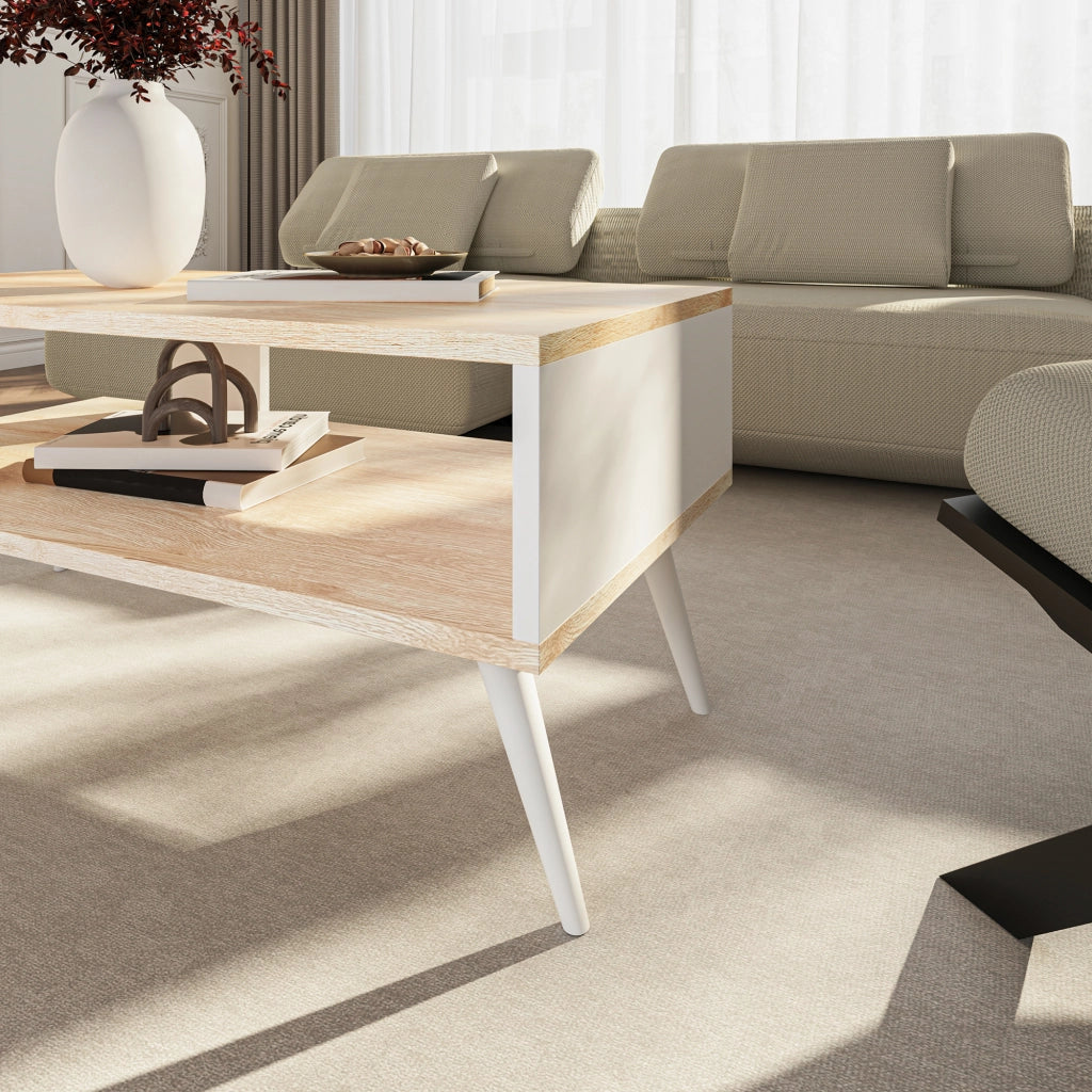 Tavolino Basso da Divano 'Lycksele' con Scomparto Semiaperto e 4 Piedini - Effetto Rovere / Bianco [en.casa]