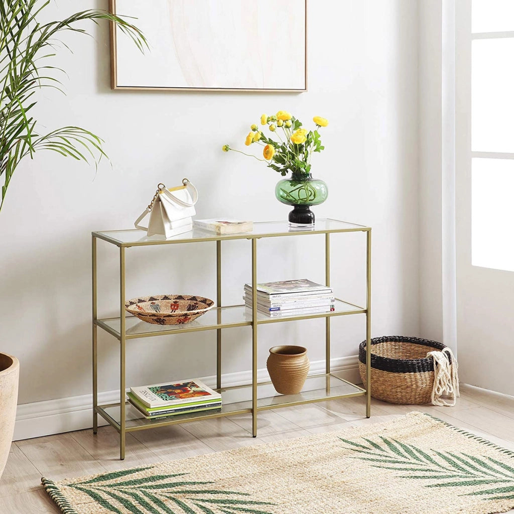 Console da salone moderna in vetro e metallo oro