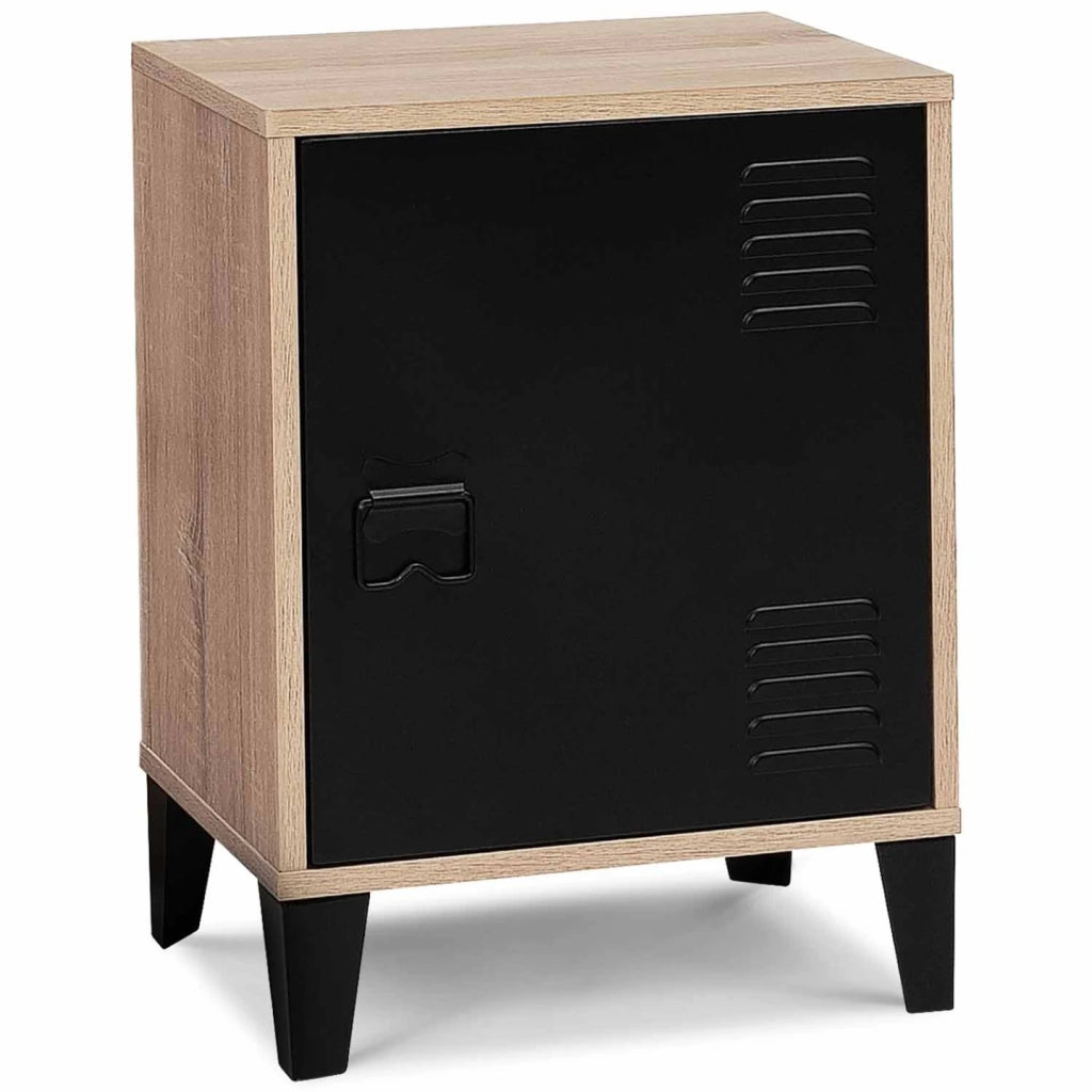 IDMarket - Comodino ESTER effetto legno con 1 anta in metallo nero, design industriale