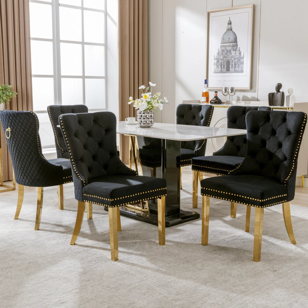 Set di sedie da pranzo in velluto nero con gambe dorate