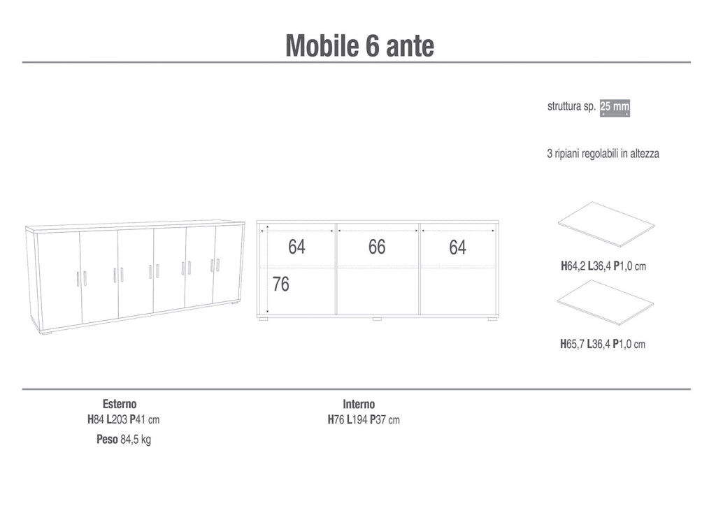 Mobile Basso 6 Ante 203x84x41 cm Ossido Bianco