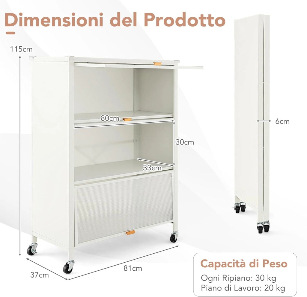 Credenza da Cucina a 4 Livelli, Armadietto Salvaspazio con Ante Ribaltabili e Ruote Bloccabili, Mobilietto Moderno in Metallo per Bagno, Soggiorno, Cucina e Ingresso, 81 x 37 x 115 cm