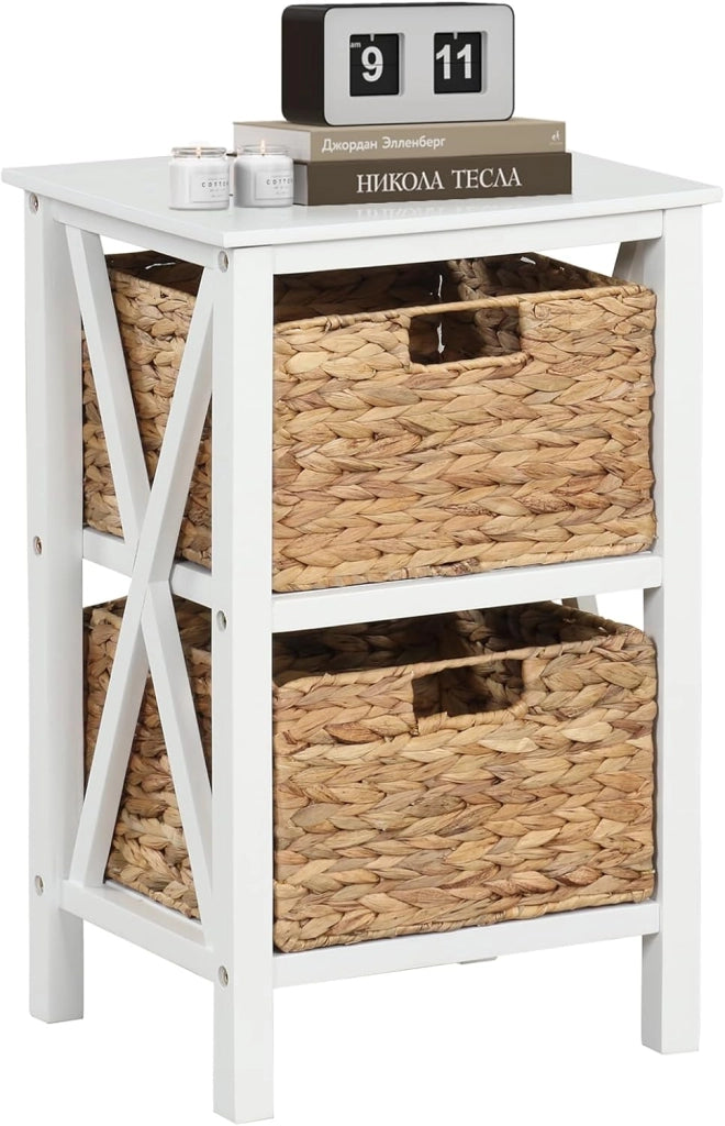 Mobiletto Contenitore a 3/4 Piani con 2/3 Cesti, Comodino a X con Gambe in Legno di Acacia, Ideale per Soggiorno Camera da Letto(2 cassetti,2)