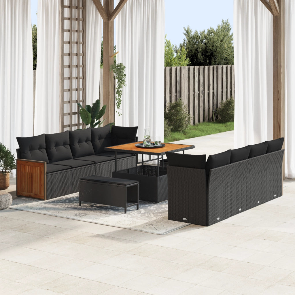 Set Divano da Giardino  di 11 Pezzi con Cuscini Nero Poly Rattan Acacia
