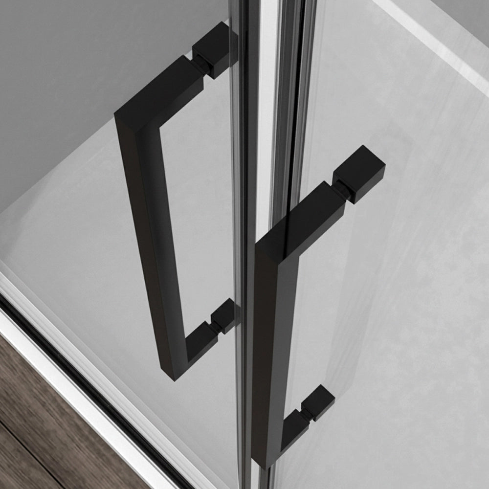 Box doccia angolare 70x100 con apertura saloon in vetro temperato trasparente con profili nero opaco Neos