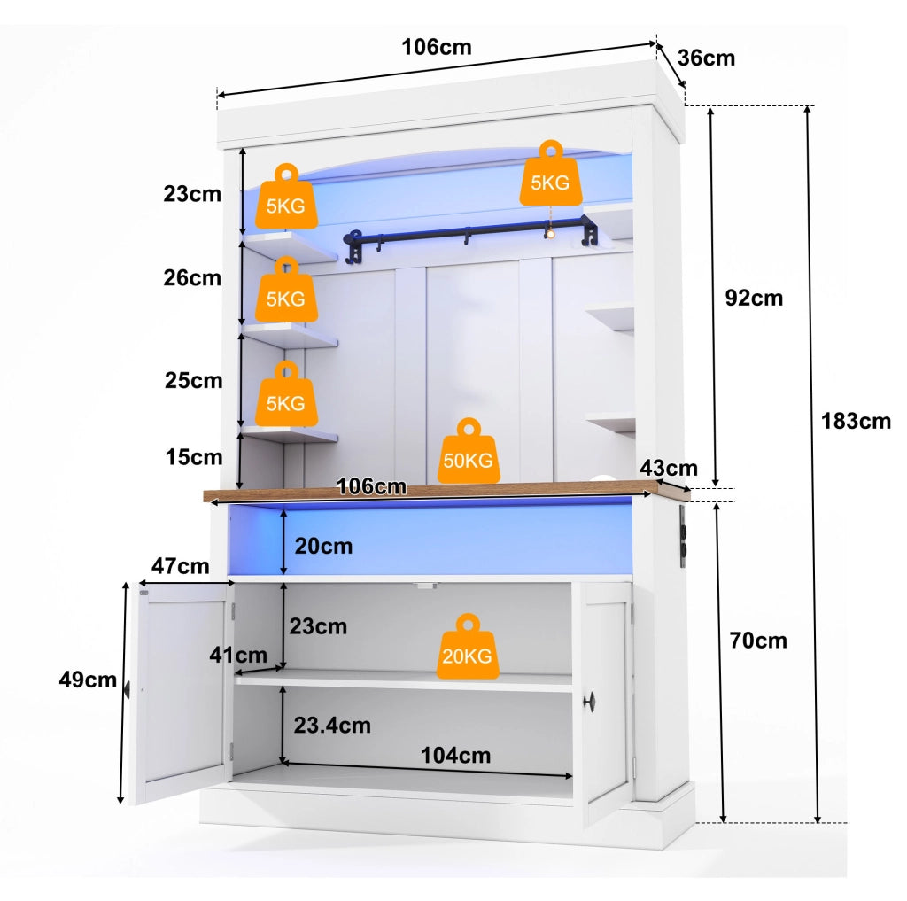Armadio cucina 183 cm bianco con LED RGB, prese USB e ripiani