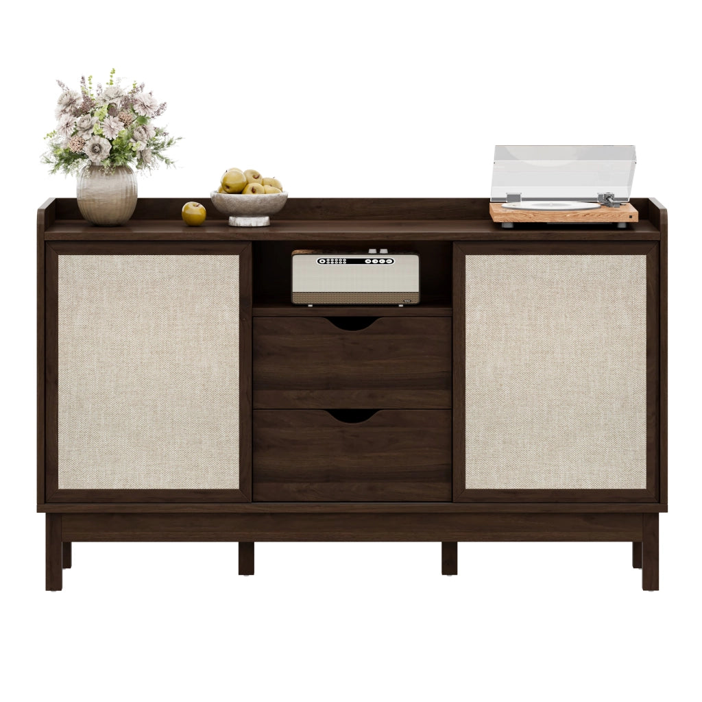 OKWISH Credenza con 2 Ante Scorrevoli e 2 Cassetti, Ripiani Regolabili, per Soggiorno e Sala da Pranzo, Naturale, 150×39,5×80 cm