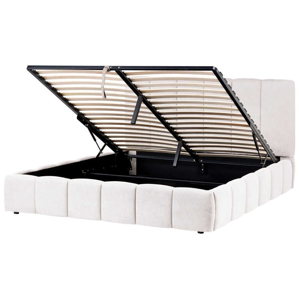 Letto matrimoniale contenitore con trapuntatura verticale in tessuto bianco sporco 180x200 cm struttura sollevabile e testiera alta