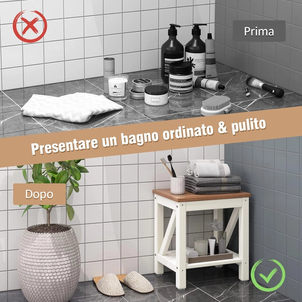 Sgabello da Doccia a 2 Livelli, Panca da Bagno Impermeabile con Piedini Antiscivoli, Design a Stecche, Sgabello Versatile con Carico 150 kg, 43 x 32 x 47 cm (Stile 2)