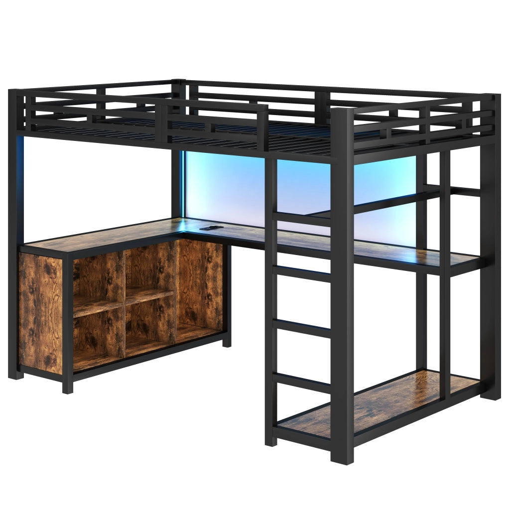 Letto a soppalco 140 × 200 cm con scrivania, LED, stazione di ricarica, armadio aperto, senza materasso, nero