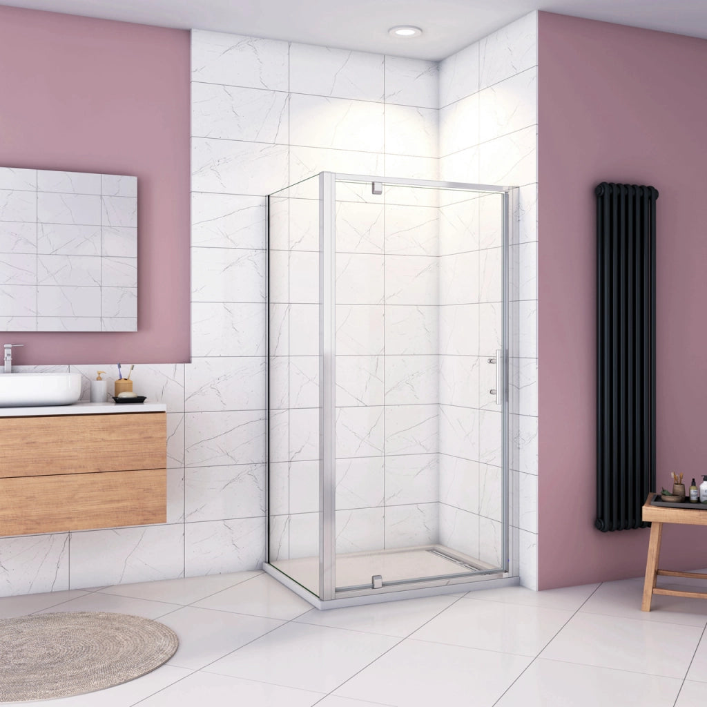 185cm Box Doccia Angolare Porta Girevole Battente con Parete Fissa 76x90cm in Vetro Temperato Trasparente 5 mm Profilo Cromo Lucido