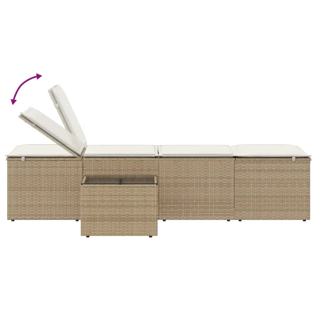 Lettini prendisole 2 pz con tavolo beige in polyrattan 368426