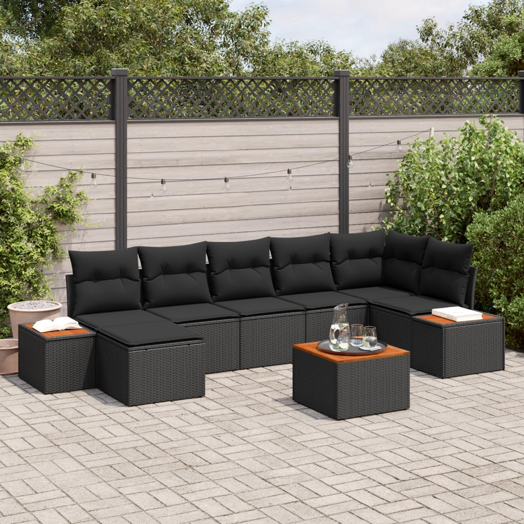 Set di divani da giardino 8 pezzi con cuscini in polyrattan nero