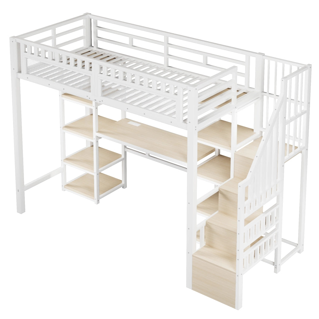 Letto a soppalco singolo 90×200 cm con scrivania; LED; USB e ripiani; senza materasso; metallo; bianco