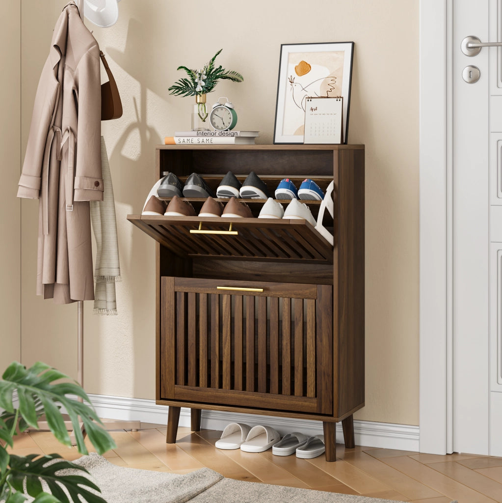 Scarpiera da ingresso 60 cm in finitura noce; stile country con due ribalte e ripiani