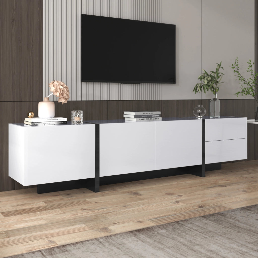 Mobile TV con 3 Ante e 2 Cassetti; Bianco Lucido con Piedini Neri; Soggiorno; 190??35??45 cm; Pannello Truciolare