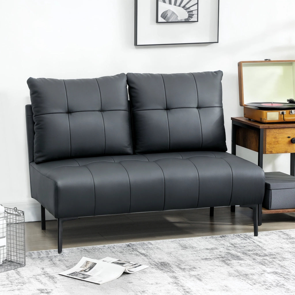 Divano 2 Posti in Finta Pelle Senza Braccioli e Trapuntato a Bottoni, 115x73x83 cm, Nero