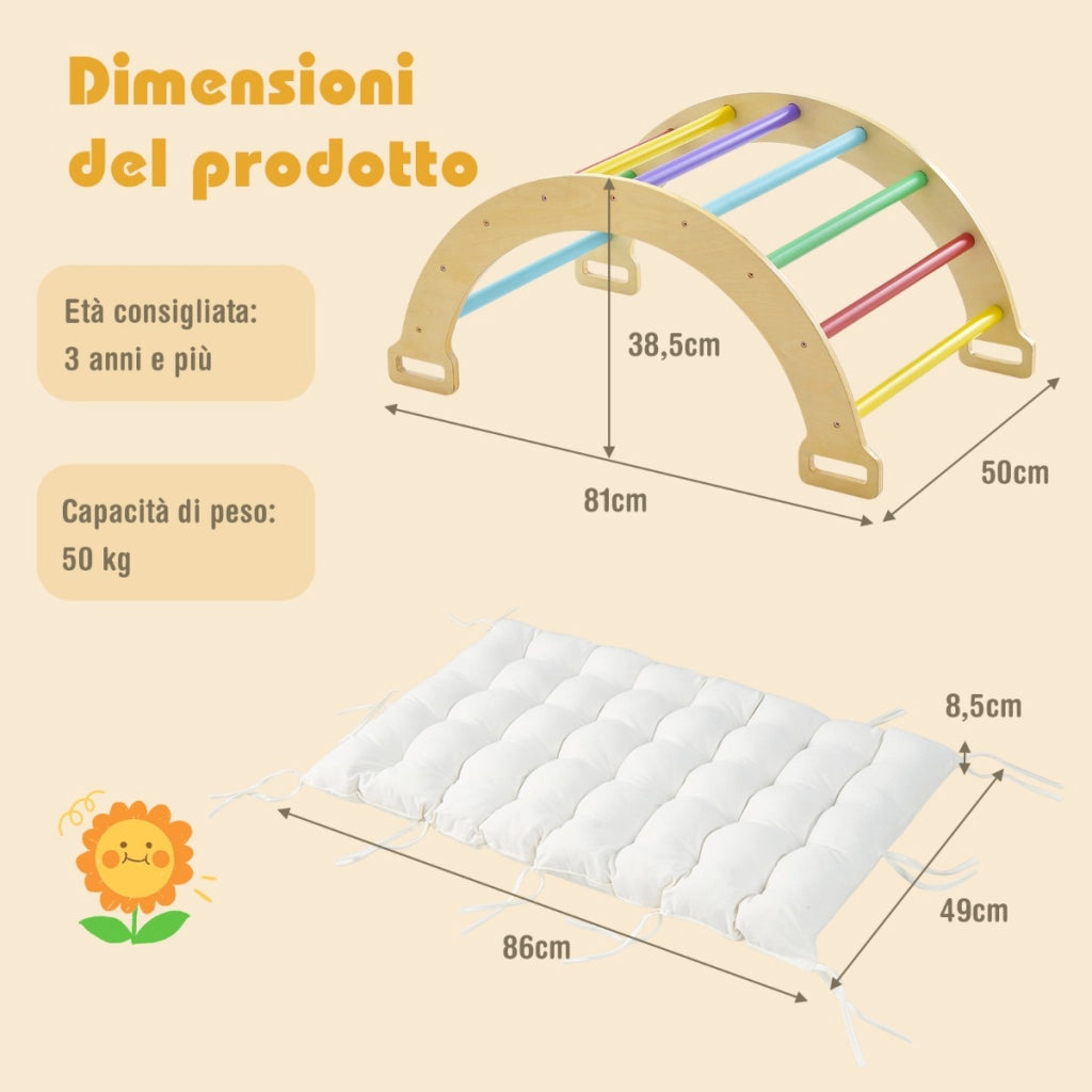 Dondolo ad arco 2 in 1 con morbido cuscino, Arco di arrampicata a doppia faccia per bambini di 1+ anni Colorato-Arrampicate e scivoli