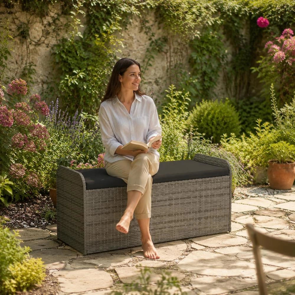 Storage Bench With Cushion, Grey, 115x51x52 Cm, Poly Rattan
