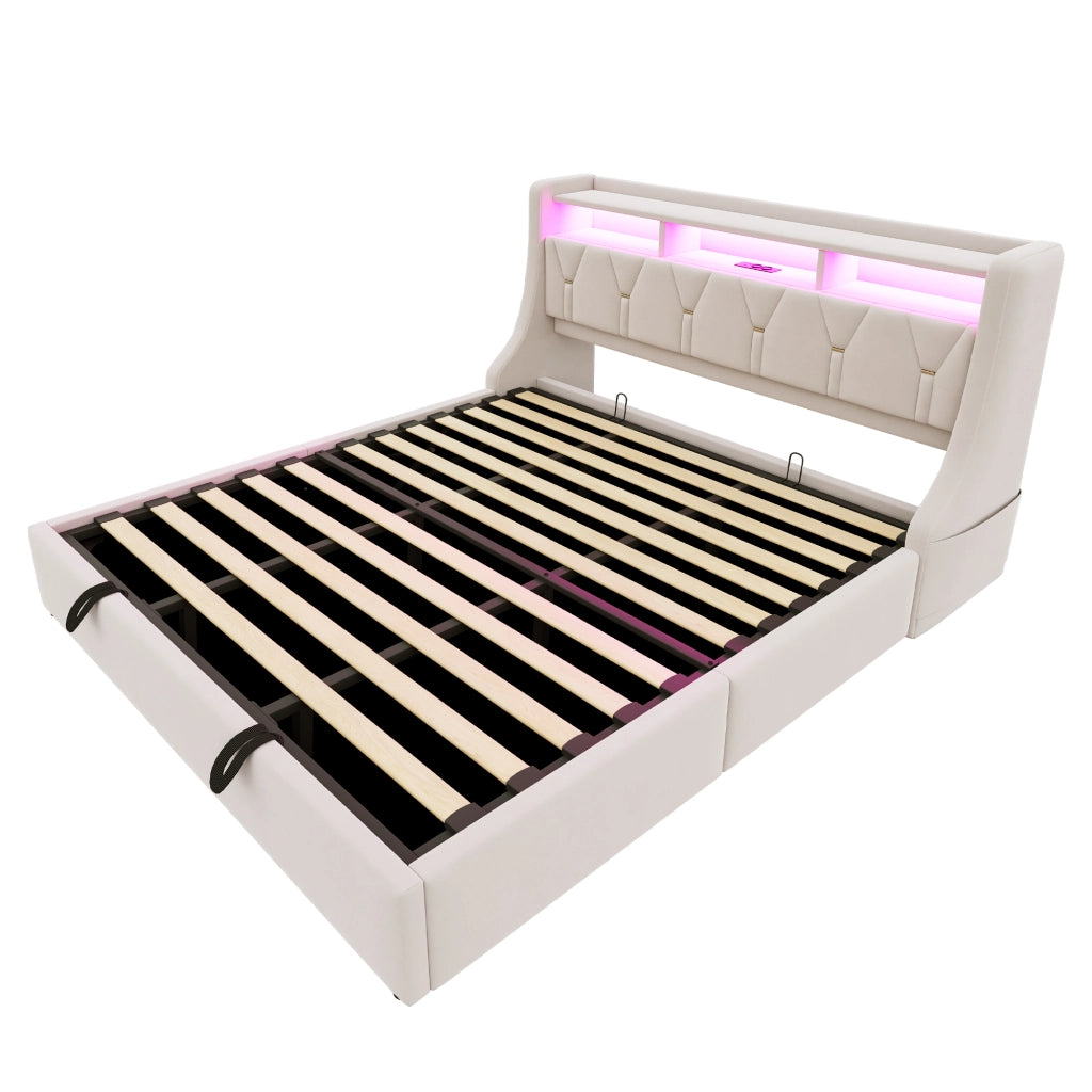 Letto imbottito 180x200 cm con testiera ribaltabile, luci LED, prese USB e Type-C, contenitore idraulico, velluto beige