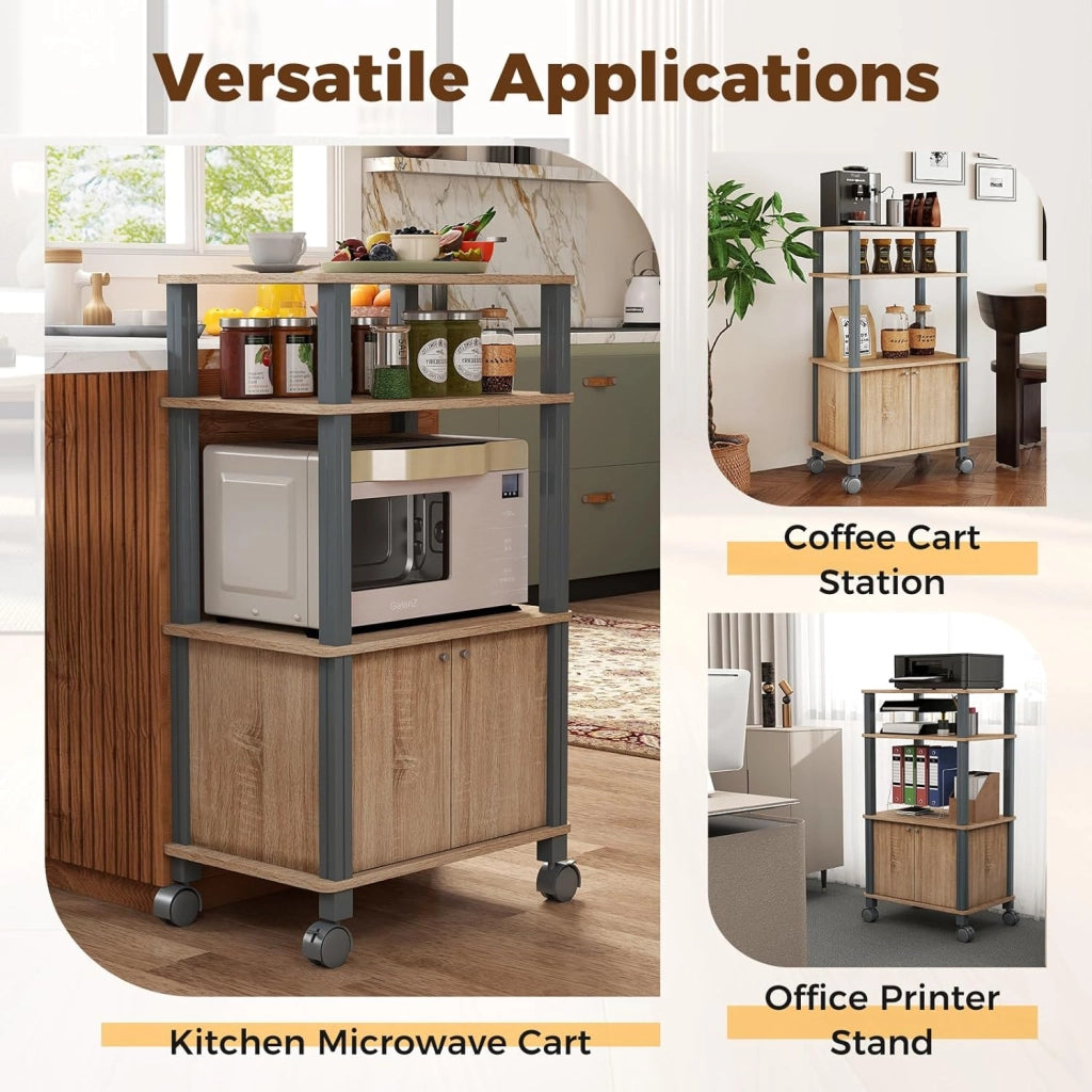 Carrello a rotelle a microonde, carrello da cucina a microonde, con 4 ruote e 2 freni, ripiano portaoggetti a 3 livelli e armadio ante,60 x 40 x 98 cm (Naturale)