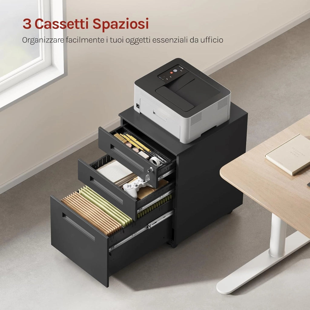 Cassettiera da Ufficio Scrivania Studio con Rotelle Mobiletto con 3 Cassetti e Serratura per Documenti Cartelle Sospese Cancelleria, Pre-Assemblato, metallo Nero SK023sz