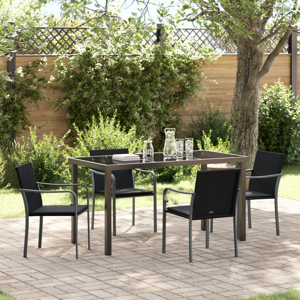 Set da pranzo da giardino in 5 pezzi con cuscini in polyrattan nero